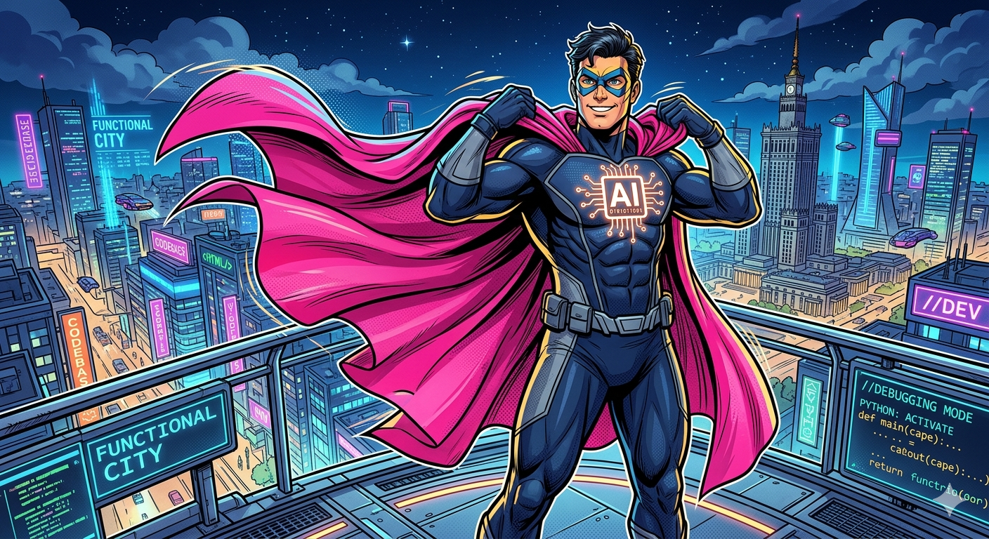 Komiksowy superbohater z logo AI na piersi i różową peleryną na tle nocnej Warszawy z Pałacem Kultury