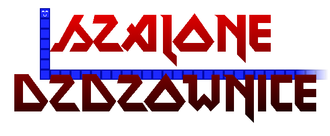 Czerwony napis „Szalone dżdżownice” obok niebieskiego węża z kwadratów na czarnym tle