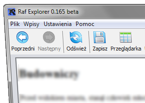 Okno programu Raf Explorer 0.165 beta z menu i przyciskami Poprzedni, Następny, Odśwież, Zapisz
