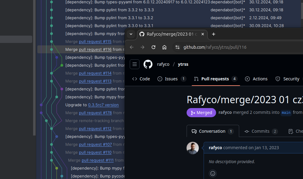 Zrzut ekranu: historia commitów w Git z linkami do pull requestów i otwarty PR #116 repozytorium ytrss na GitHubie