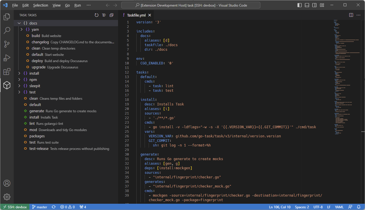 Zrzut ekranu Visual Studio Code z listą zadań Taskfile w panelu bocznym i otwartym plikiem Taskfile.yml