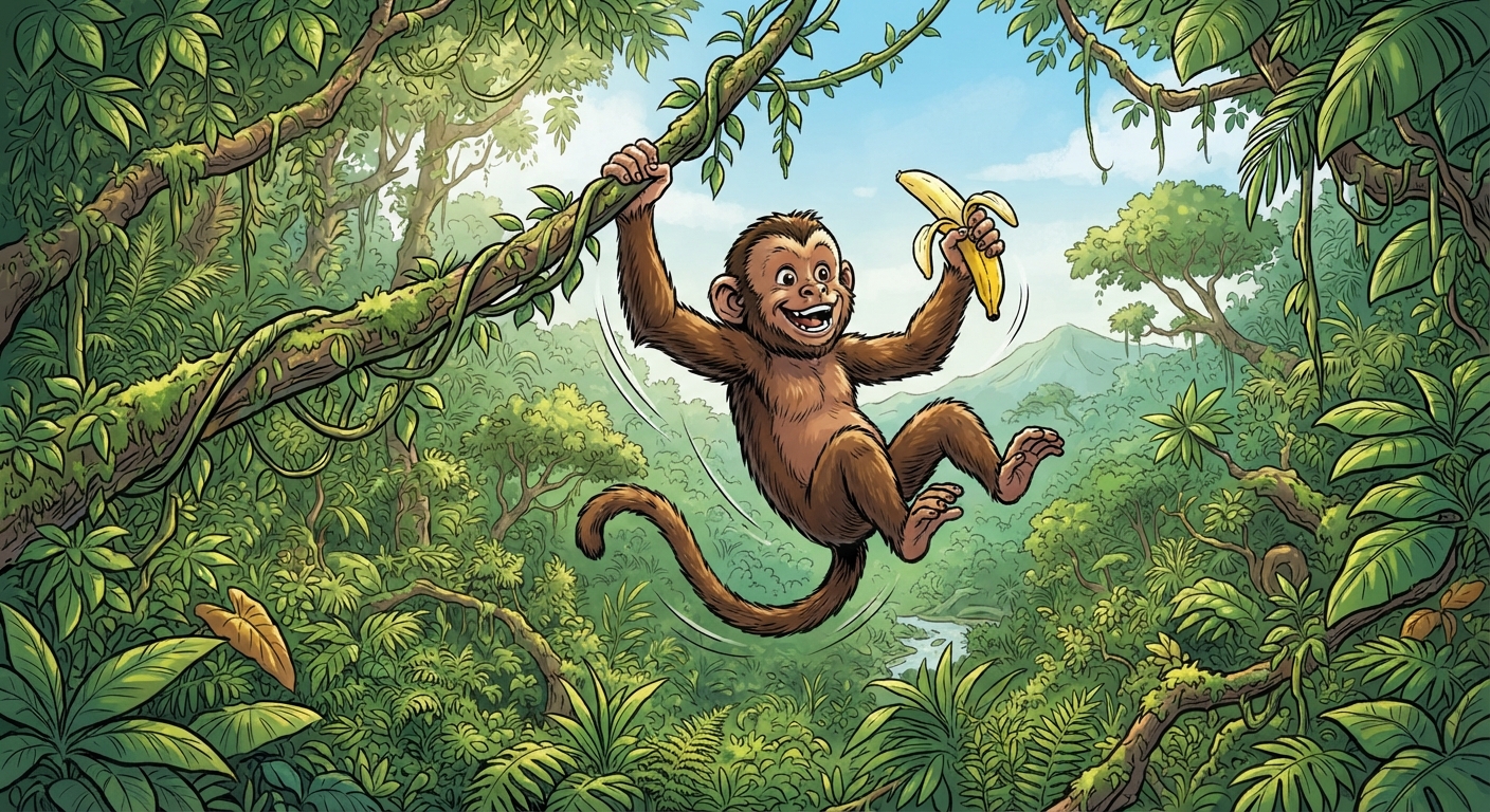 Uśmiechnięta małpka z bananem w ręce huśta się na lianie w dżungli